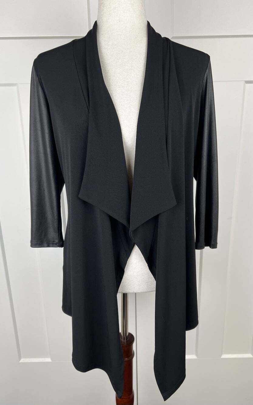 Clara Sun Woo Open Front Waterfall Cardigan M Black Liquid Leather Sleeve USA
